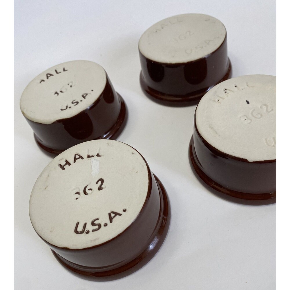 New HALL USA Vintage Set of 4 White/Brown Oven Ware 3" Ceramic Bowls Souffle NOS - Picture 6 of 12